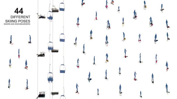 Different skiing poses for skiers and snowboarders. Isolated objects. - Photo, Image