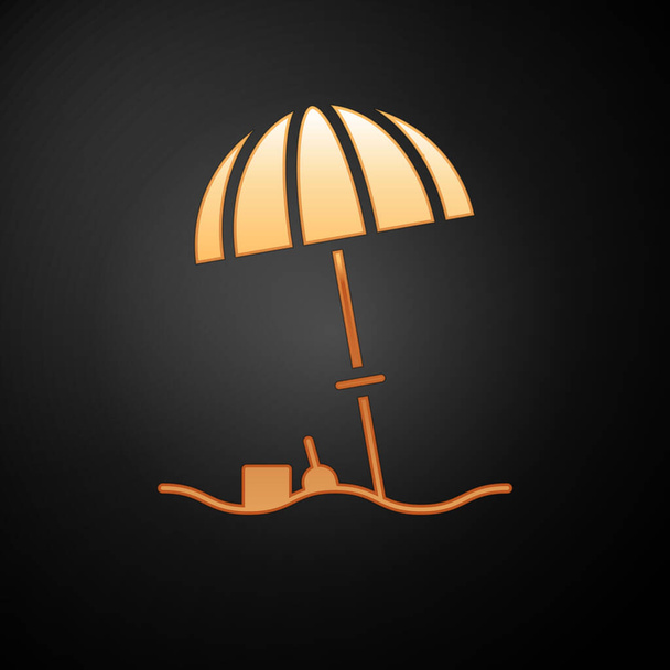 Gold Sun suojaava sateenvarjo ranta kuvaketta eristetty mustalla pohjalla. Suuri päivänvarjo ulkoavaruuteen. Ranta sateenvarjo. Vektorikuvaus. - Vektori, kuva