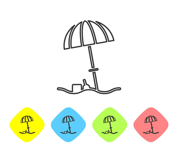 Graue Linie Sonnenschutzschirm für Strand-Symbol isoliert auf weißem Hintergrund. Großer Sonnenschirm für den Außenbereich. Sonnenschirm. Setzen Sie Symbole in farbigen Rautenknöpfen. Vektorillustration. - Vektor, Bild
