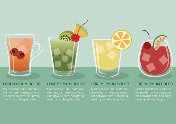 Инфографическая векторная иллюстрация фруктовых соков. Набор векторов фруктовых соков. Клюквенный, киви, лимонный и вишневый сок. - Вектор,изображение