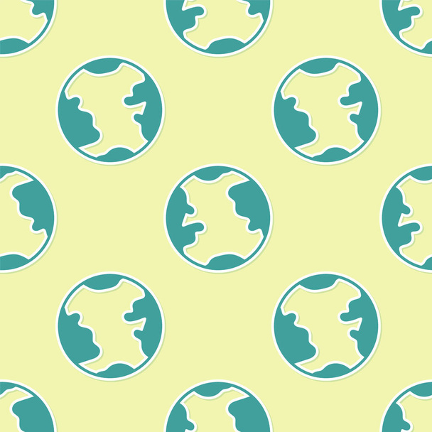 Grüne Erde Globus Symbol isoliert nahtlose Muster auf gelbem Hintergrund. Welt- oder Erdzeichen. Globales Internetsymbol. Geometrische Formen. Vektorillustration. - Vektor, Bild