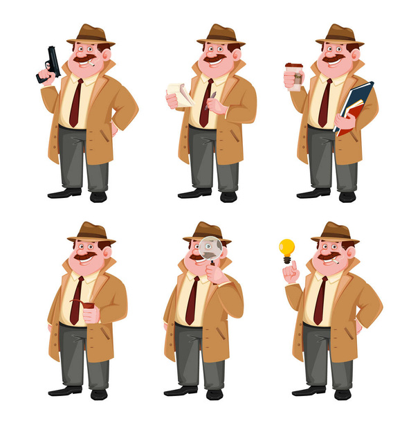 Stock vector detective character, set of six poses. Investigator cartoon character. Vector illustration - Vektör, Görsel