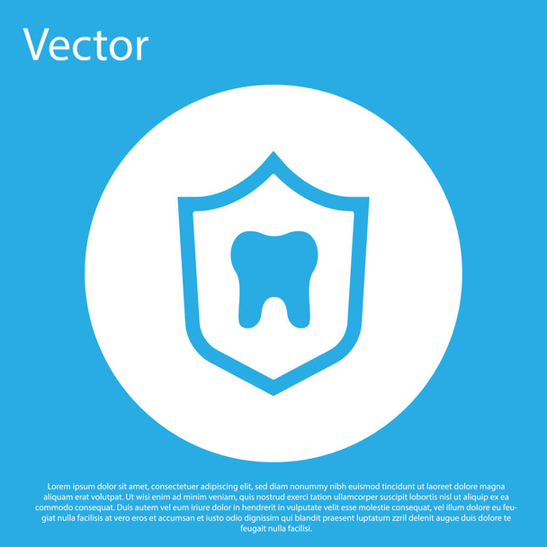 Блакитна піктограма захисту зубів ізольована на синьому фоні. Зуб на логотипі щита. Кнопка білого кола. Векторні
. - Вектор, зображення
