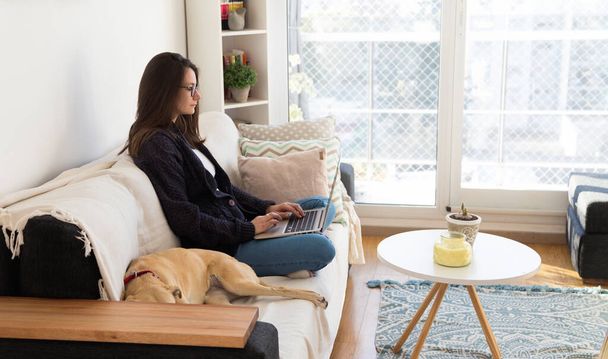 Mujer joven en casa delante de un portátil sentado en el sofá. Trabajando en compañía de su perro. - Foto, imagen