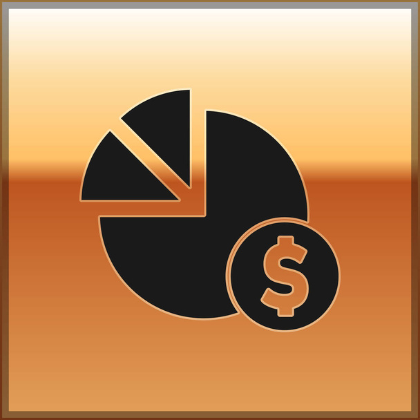 Fekete Pie chart infografika és dollár szimbólum ikon elszigetelt arany háttér. Diagram diagram jel. Vektor. - Vektor, kép