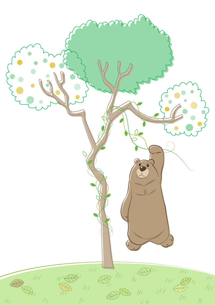 Un ours saisit des vignes ligneuses suspendues à un dessin animé vectoriel d'arbre. Mignon illustration vectorielle de dessin animé ours pastel.  - Vecteur, image