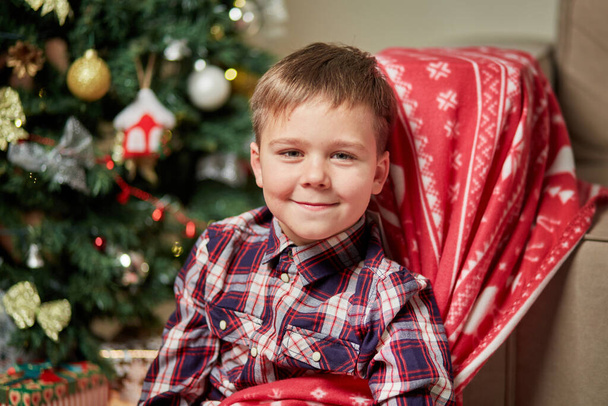 A beautiful little boy looks at the camera next to a Christmas tree. - Фото, изображение