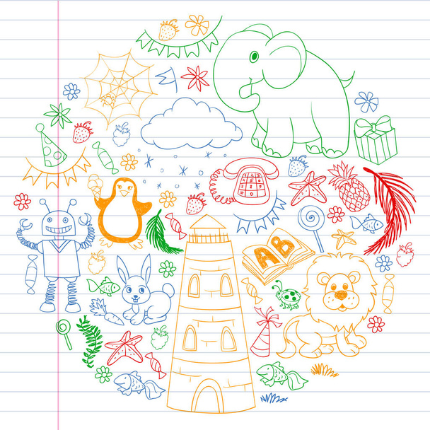 Vector kindergarten pattern with animals and toys. Illustration for little boys and girls. - Vektor, obrázek