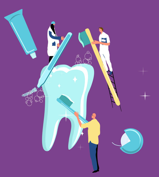 Diş beyazlatma konsepti. Klinikte dişçilik hizmeti. Küçük karakterler diş aletleriyle büyük azı dişlerini fırçalayıp temizliyor. Ağız boşluğu bakımı. Ortodontikal donanım. Vektör - Vektör, Görsel