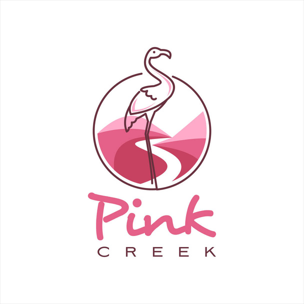 Creek logotipo simples vale rosa com arte de linha Flamingo pássaro natureza colina vetor design modelo inspiração - Vetor, Imagem