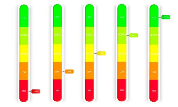 Conjunto de indicadores de escala para medir el nivel de rendimiento. Barra de progreso con flecha, puntero. Mida su gráfico de barras de calificación. Instrumento vertical con zonas altas rojas bajas y verdes.Vector - Vector, Imagen