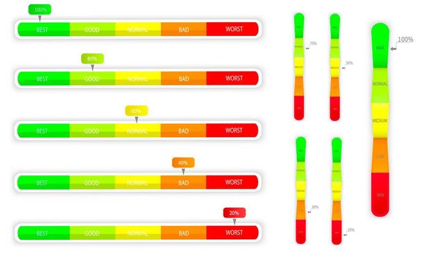 Conjunto de indicadores de escala para medir o nível de desempenho. Barra de progresso com seta, pointer.Measure seu gráfico de barras de classificação. Instrumento vertical com vermelho baixo e verde altas zones.Vector  - Vetor, Imagem