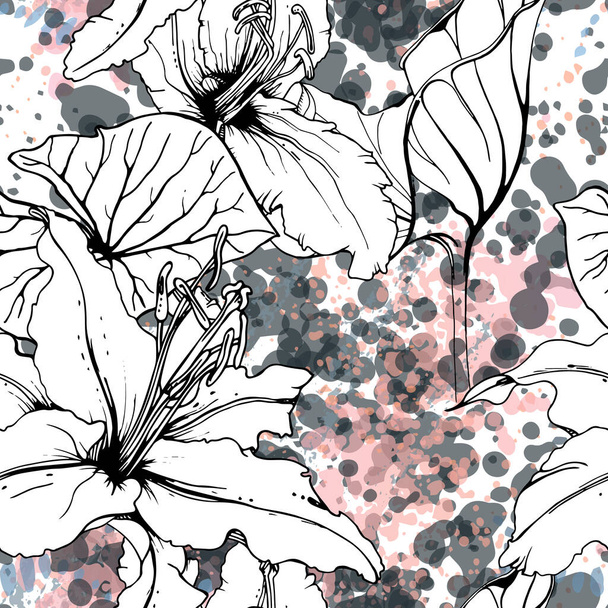 Floral Black White Pattern. Modern Watercolor - Διάνυσμα, εικόνα