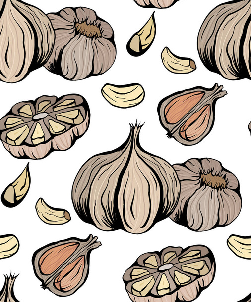 Seamless pattern colorful sketch garlic illustration. Antibacterial product for health. Useful seasoning for cooking. Natural spice. Vector color texture for wallpaper, packing and your design - Vector, imagen