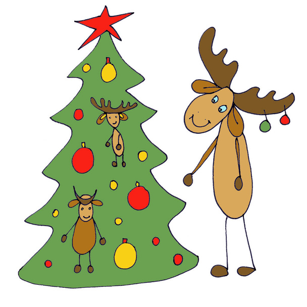 Wapiti et sapin de Noël avec décorations, dessin en couleur graphique sur fond blanc. Illustration de haute qualité - Photo, image