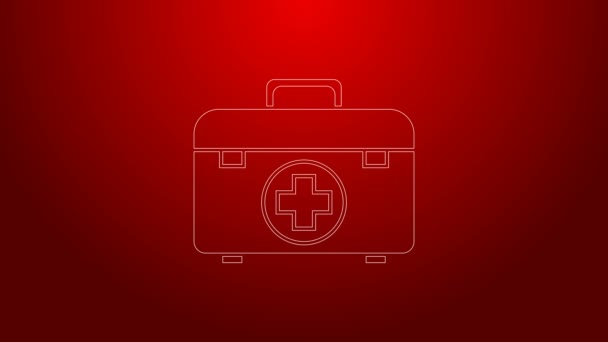 Green line First aid kit icon isolated on red background. Medical box with cross. Medical equipment for emergency. Healthcare concept. 4K Video motion graphic animation - Footage, Video