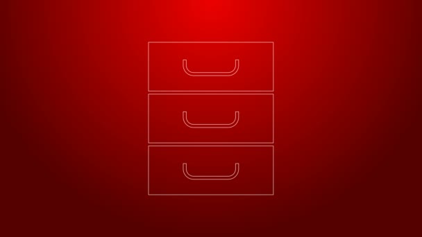 Green line Drawer with documents icon isolated on red background. Archive papers drawer. File Cabinet Drawer. Office furniture. 4K Video motion graphic animation - Footage, Video