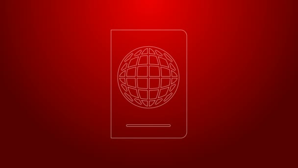 Kırmızı arkaplanda biyometrik veri simgesine sahip yeşil çizgi pasaportu. Kimlik Belgesi. 4K Video hareketli grafik canlandırması - Video, Çekim