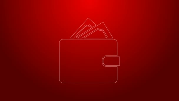 Green line Wallet with stacks paper money cash icon isolated on red background. Purse icon. Cash savings symbol. 4K Video motion graphic animation - Footage, Video