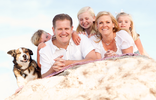 szczęśliwy kaukaski portret rodziny i pies na plaży - Zdjęcie, obraz