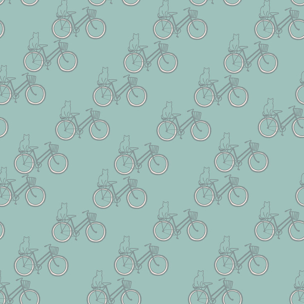 Vector green grey bikes cats seamless pattern - Διάνυσμα, εικόνα
