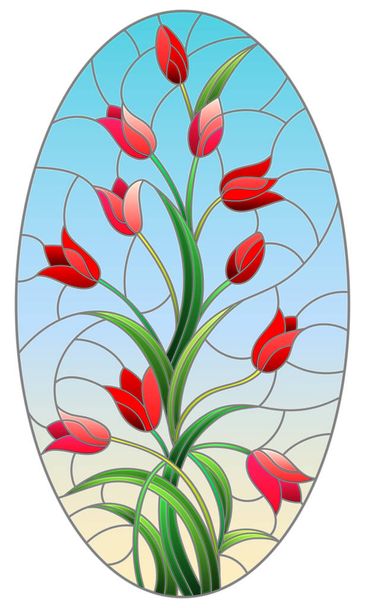 Illustrazione in stile vetrate con una disposizione floreale di tulipani rossi su sfondo blu, immagine ovale, orientamento verticale - Vettoriali, immagini