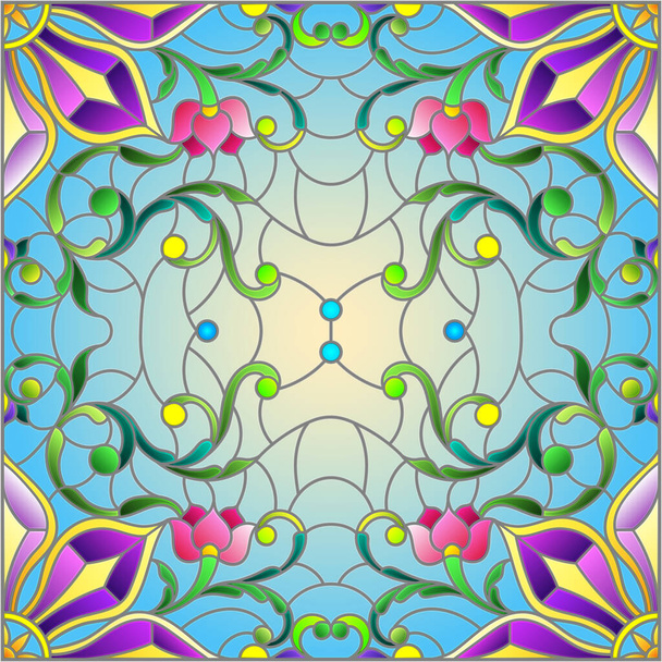 Ілюстрація у вітражному стилі з абстрактним квітковим розташуванням на синьому фоні, квадратне зображення
 - Вектор, зображення