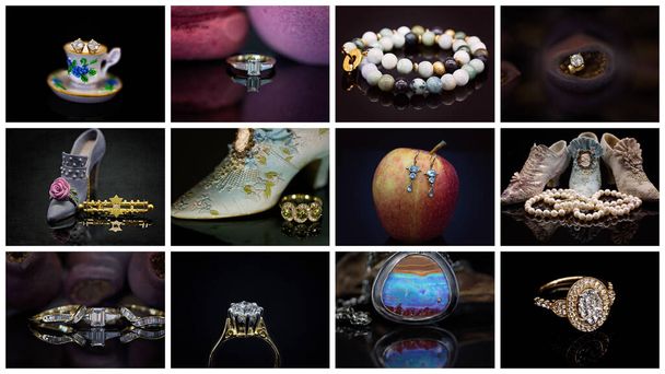 ダイヤモンドリングとイヤリング、玉と真珠のネックレス、ブローチとペンダント、アクアマリンとサファイアを含むジュエリーの12枚の画像のコラージュ - 写真・画像