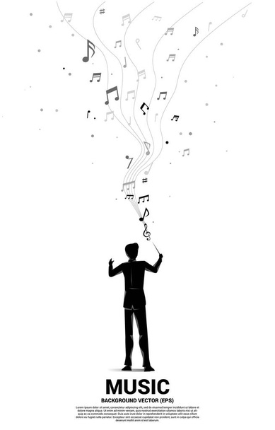 フライング・ミュージック・ノートで立つ指揮者のベクトル・シルエット。オーケストラコンサートとレクリエーションのコンセプト背景. - ベクター画像