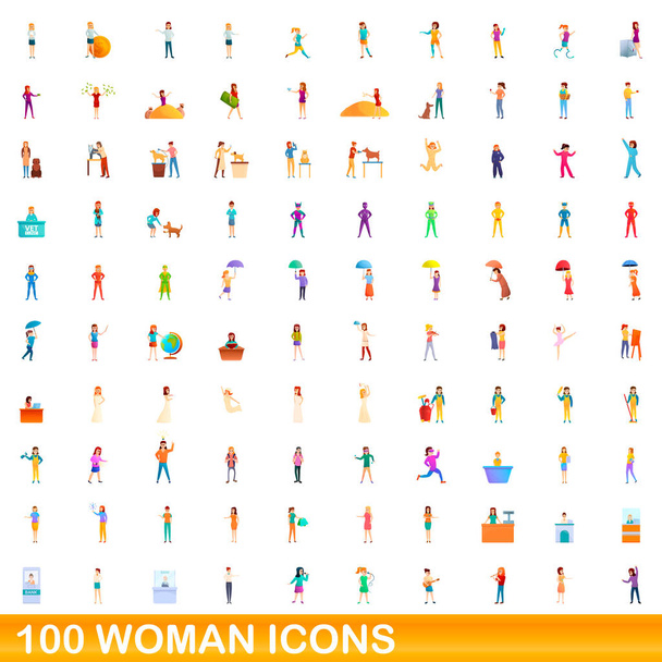 100 woman icons set, cartoon style - Vettoriali, immagini