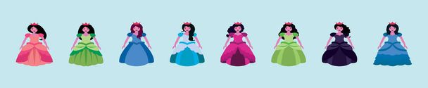conjunto de colección de hermosas princesas icono de dibujos animados plantilla de diseño con varios modelos. ilustración vectorial moderna aislada sobre fondo azul - Vector, Imagen