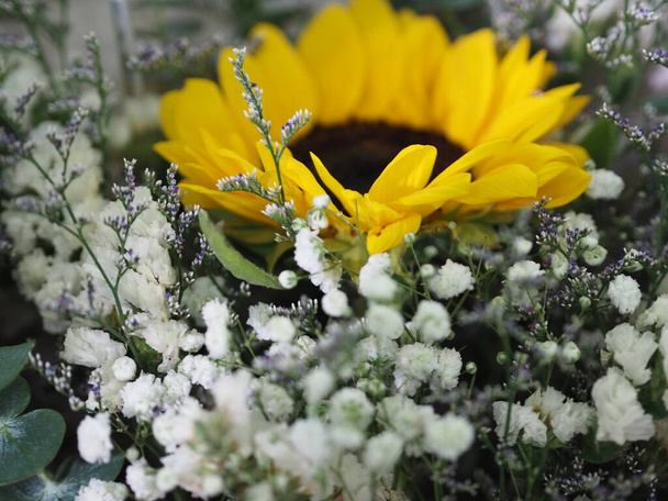 Gele Zonnebloem, Statice, Zee lavendel, moeras rozemarijn, wit en paars kleur een boeket bloemen mooi, droge bloem, potpourri - Foto, afbeelding