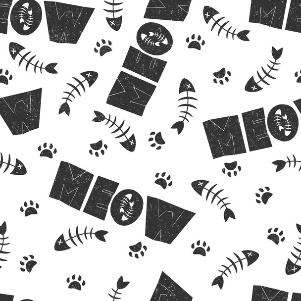 Seamless vector pattern with black and white cat paws, fish bones and lettering meow on white background. Cat lover design for print, fabric, card, wallpaper, packaging - ベクター画像