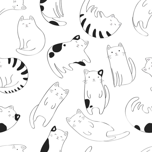 Patrón vectorial sin costuras con gatos lindos dibujados a mano en blanco y negro aislados sobre fondo blanco. Diseño para impresión camiseta, tela, tarjeta, papel pintado - Vector, imagen