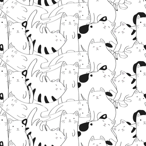 Seamless vector pattern with black and white hand drawn cute cats isolated on white background. Design for t-shirt print, fabric, wallpaper, card - ベクター画像