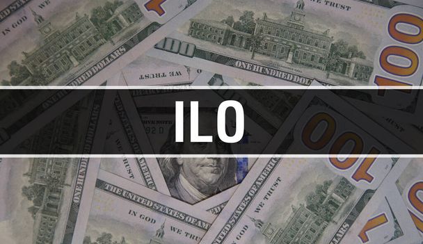 ILO:n teksti "Konseptin lähikuva". Yhdysvaltain dollareita käteistä rahaa, 3D renderöinti. ILO dollarin setelissä. Rahoitus USA raha seteli Kaupallinen raha sijoitus voitto tiivis - Valokuva, kuva