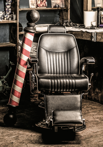 Barber shop pole. Hairstylist in barbershop interior. Barber shop chair. Barbershop armchair, salon, barbershop for men - Fotoğraf, Görsel