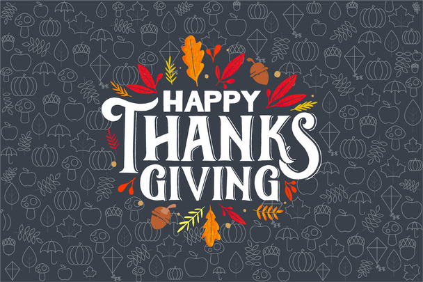 happy thanksgiving written with elegant calligraphy script and decorated with autumn foliage - Vector, imagen