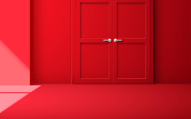 κόκκινη πόρτα με φως του ήλιου από τα παράθυρα στο κόκκινο δωμάτιο - Διάνυσμα, εικόνα