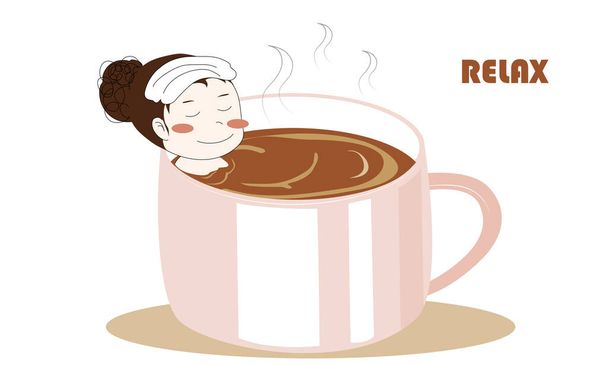 Žena onzen ve velkém šálku kávy, relaxační čas vektorové ilustrace. - Vektor, obrázek