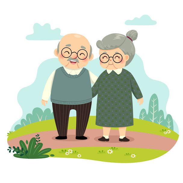 Vektor illusztráció rajzfilm idős pár álló és kézen fogva a parkban. Boldog nagyszülők napi koncepciója. - Vektor, kép