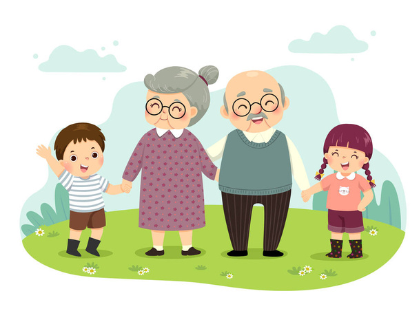 Büyükbaba ve torunların parkta el ele tutuşmalarının vektör çizimi. Mutlu büyükanne ve büyükbaba günü konsepti. - Vektör, Görsel