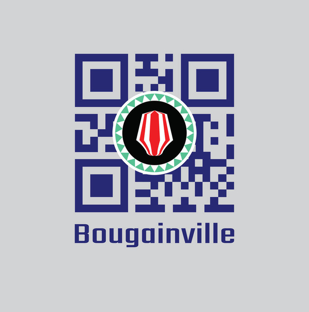 Le code QR définit la couleur du drapeau Bougainville. Coiffe upe rouge et blanche superposée sur un kapkap vert et blanc, sur un champ de bleu cobalt. texte : Bougainville. - Vecteur, image