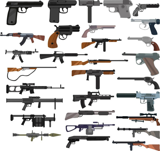 Набір мультяшних значків зброї, піктограми кулемета
 - Вектор, зображення