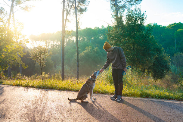 Young handsome man walking his dog in nature with the rays of the morning in autumn. Friendship and animal love concept. Sun, warm glow and long shadows. - Foto, imagen