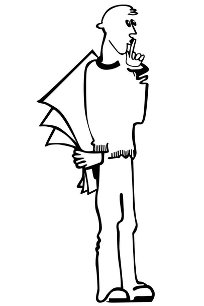 линейное векторное изображение парня с газетами в руке держит за спиной - Вектор,изображение
