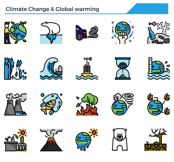 Mudanças climáticas e conjunto de ícones de aquecimento global. - Vetor, Imagem