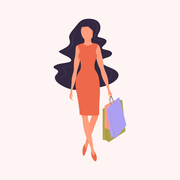Beautiful dark-haired girl in a dress goes shopping. A woman holds packages in her hands. Suitable for illustrating the theme of purchases, discounts, women's pastime. Vector. Isolated on white. - Vecteur, image