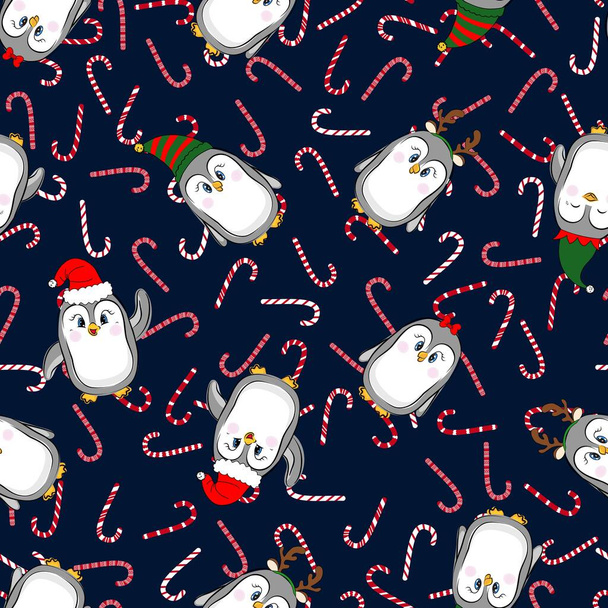 Christmas print with funny penguins and candy canes and . Seamless Christmas pattern for fabric, textile and wrapping paper. - Vector, imagen
