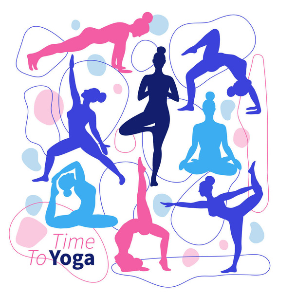 A set of silhouettes of yoga poses with trending geomeric forms in the style of minimalism. Linear fashion illustration for sports and fitness. Healthy lifestyle fitness activities pictures. - Vector, afbeelding